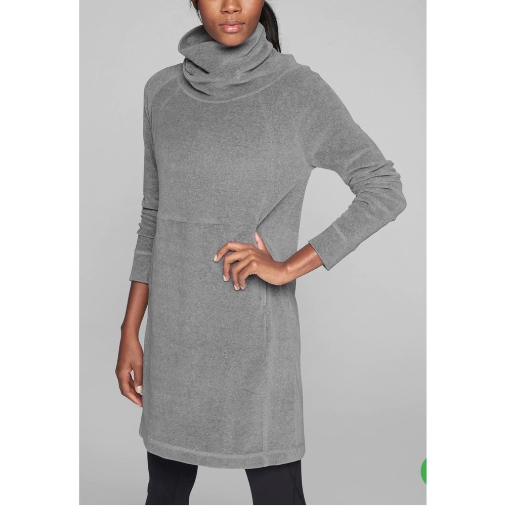 Athleta Womens Gray Cowl Neck Tunic Dress Velour Kangaroo Pocket Size M‎